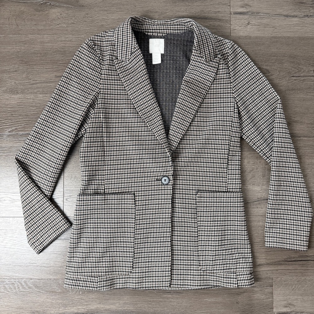 H&M Women’s Houndstooth Blazer Size 2 Black Brown White Single Button Jacket